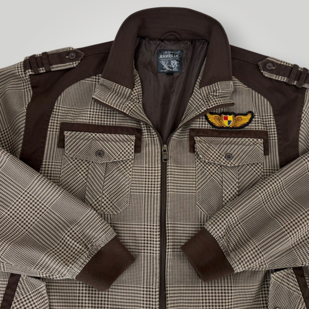 Raw Blue Denim Kruz Mens 3X Glen Plaid Bomber Jacket Brown Full Zip Patch HipHop
